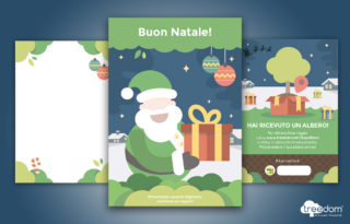 Regala un albero di Treedom è l'iniziativa che permette di regalare un albero in modo semplice e veloce. Basta scegliere l'albero in base alle sue caratteristiche o al suo significato, lasciare una dedica o gli auguri che resteranno virtualmente incisi sull'albero e scegliere la modalità di consegna del regalo (via e-mail o stampando il bigliettino da consegnare a mano o tramite messaggio). Una volta piantato, si riceveranno foto dell'albero e racconti dal campo in cui è localizzato. Inoltre, è possibile optare anche per i kit da 5 a 15 alberi, per fare più regali green con un solo click o per abbonamenti. Prezzi cacao 14,90 euro, caffè 19,90 euro, mangrovia nera 25,90 euro, neem 34,90 euro, baobab 69,90 euro.
www.treedom.net