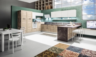cucina a U Fiorella di arrex finitura Matrix Soia piani di lavoro, lo schienale e il fiancone sono in laminato HPL con bordo Unicolor effetto marmo nei toni del marrone cucina a U Fiorella di arrex finitura Matrix Soia piani di lavoro, lo schienale e il fiancone sono in laminato HPL con bordo Unicolor effetto marmo nei toni del marrone