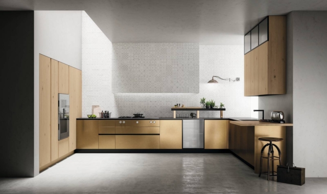 cucina a U SoHo di Doimo Cucinecolonne in rovere scalfito naturale, basi in laccato effetto metallo ottone cucina a U SoHo di Doimo Cucinecolonne in rovere scalfito naturale, basi in laccato effetto metallo ottone