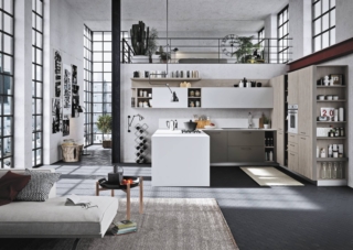 cucina a U Fun di Snaidero, ante in nobilitato rovere grigio gessato e laccato opaco grigio shift e bianco gesso cucina a U Fun di Snaidero, ante in nobilitato rovere grigio gessato e laccato opaco grigio shift e bianco gesso