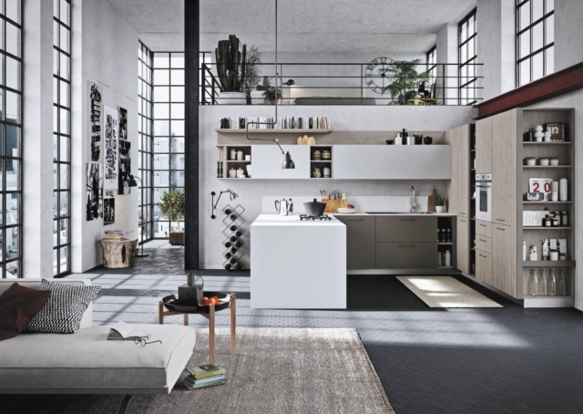 cucina a U Fun di Snaidero, ante in nobilitato rovere grigio gessato e laccato opaco grigio shift e bianco gesso cucina a U Fun di Snaidero, ante in nobilitato rovere grigio gessato e laccato opaco grigio shift e bianco gesso