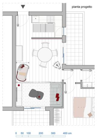 progetto pianta bilocale soggiorno con culla