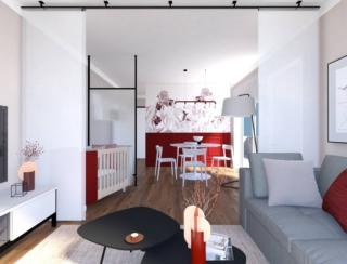 vista progetto 3D soggiorno con culla