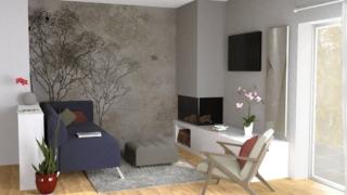 Progetto 3D Soggiorno divano grigio tappezzeria camino