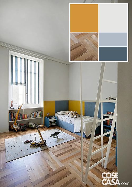 La boiserie bicolore grigia e ocra protegge e decora le pareti dietro al letto del bambino. Foto: Barbara Corsico. Progetto: Studio Hom Architetti, architetti Stefania De Paola, Roberta Massetti, Sabrina Saldo con Ottavia Giannone, http://www.homarchitetti.com La boiserie bicolore grigia e ocra protegge e decora le pareti dietro al letto del bambino. Foto: Barbara Corsico. Progetto: Studio Hom Architetti, architetti Stefania De Paola, Roberta Massetti, Sabrina Saldo con Ottavia Giannone, http://www.homarchitetti.com