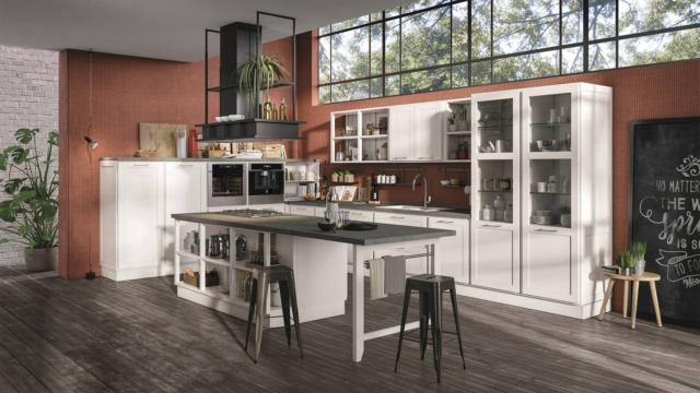 cucina lube provenza legno laccato bianco isola cappa sospesa con mensole appoggio cucina lube provenza legno laccato bianco isola cappa sospesa con mensole appoggio