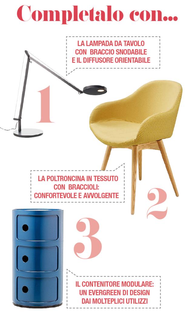 Arredare il sottotetto, lampada da tavolo con braccio orientabile, sedia in tessuto giallo con gambe in legno e contenitore modulare in materiale plastico, azzurro, con cassetti. Arredare il sottotetto, lampada da tavolo con braccio orientabile, sedia in tessuto giallo con gambe in legno e contenitore modulare in materiale plastico, azzurro, con cassetti.