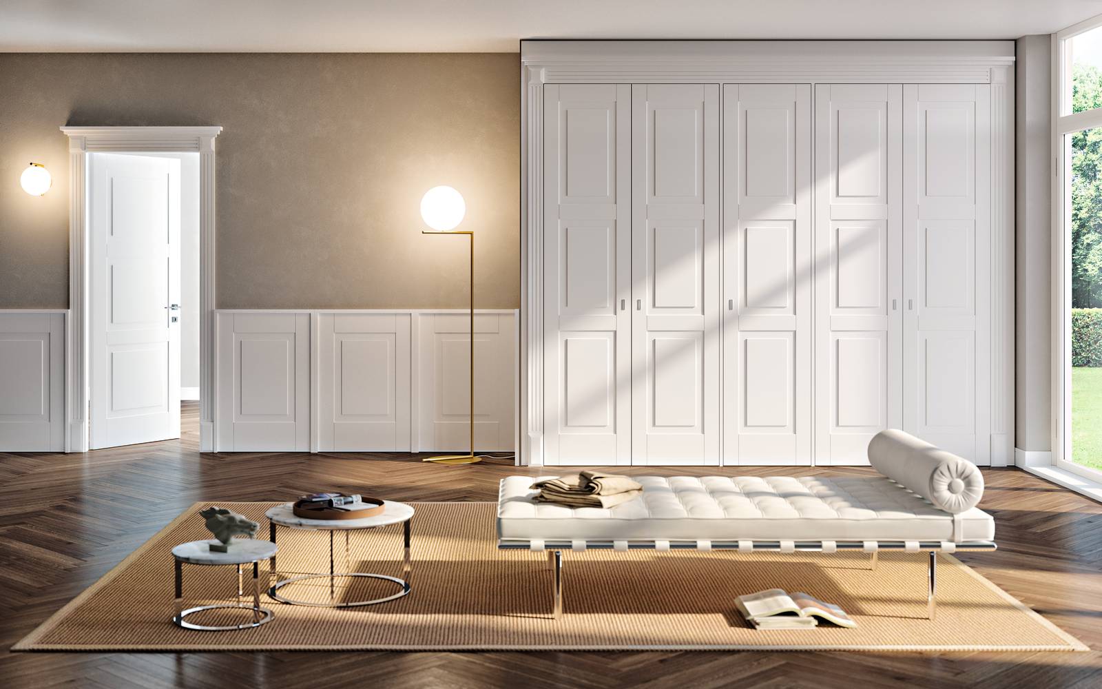 Boiserie con elementi Orac in polistirene e poliuretano ad altissima densità: battiscopa modello SX191, cornice parete per riquadri modello P8030, cornice parete per marcapiano modello P8020 Boiserie con elementi Orac in polistirene e poliuretano ad altissima densità: battiscopa modello SX191, cornice parete per riquadri modello P8030, cornice parete per marcapiano modello P8020