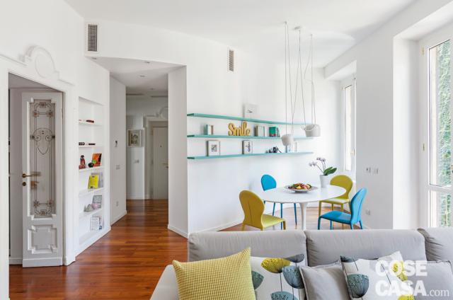 open space, divano grigio, cucina, zona pranzo, tavolo rotondo, sedie gialle e blu, portefinestre, porta in legno e vetro, ripiani, pavimento in parquet open space, divano grigio, cucina, zona pranzo, tavolo rotondo, sedie gialle e blu, portefinestre, porta in legno e vetro, ripiani, pavimento in parquet