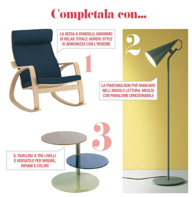 Arredare il sottotetto, sedia a dondolo con struttura in legno chiaro e seduta imbottita blu; lampada da terra verde salvia, tavolino a tre ripiani in vetro multicolor. Arredare il sottotetto, sedia a dondolo con struttura in legno chiaro e seduta imbottita blu; lampada da terra verde salvia, tavolino a tre ripiani in vetro multicolor.