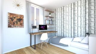 RENDER-VISTA DA INGRESSO CAMERA-CAMERA SINGOLA-CARTA DA PARATI-LISTONI PARQUET-ARREDO MODERNO-LUCI FLOS RENDER-VISTA DA INGRESSO CAMERA-CAMERA SINGOLA-CARTA DA PARATI-LISTONI PARQUET-ARREDO MODERNO-LUCI FLOS