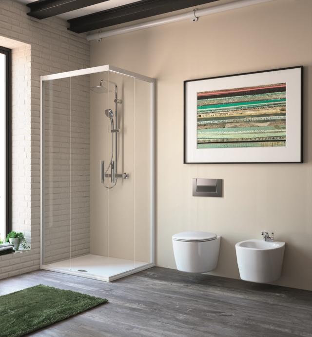 cabina doccia ad angolo Strada di Ideal Standard con apertura scorrevole e finitura bianco matt cabina doccia ad angolo Strada di Ideal Standard con apertura scorrevole e finitura bianco matt
