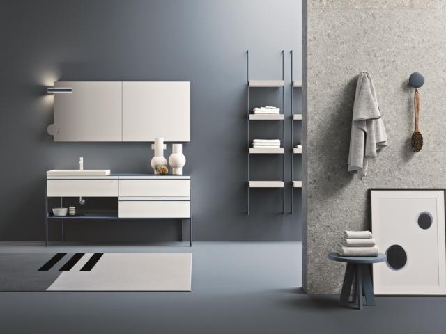mobile lavabo collezione Industrial Collection di Ardeco nella finitura blu notte con base a un cassetto bianco opaco mobile lavabo collezione Industrial Collection di Ardeco nella finitura blu notte con base a un cassetto bianco opaco