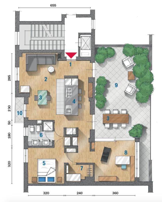 planimetria dell'appartamento di 82 mq con spazi aperti e terrazzo planimetria dell'appartamento di 82 mq con spazi aperti e terrazzo