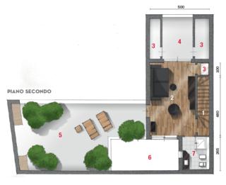 1 Scala  2 Soggiorno
3 Ripostiglio  4 Terrazzo a tasca 5 Terrazzo  6 Cavedio 7 Bagno
