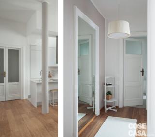 corridoio, porte interne in legno e vetro, pavimento in parquet, passatoia, lampada a sospensione, angoliera corridoio, porte interne in legno e vetro, pavimento in parquet, passatoia, lampada a sospensione, angoliera