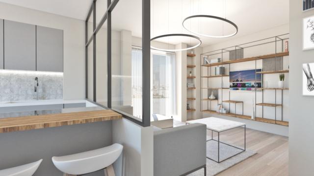 Progetto 3D open space con soggiorno e cucina. Finiture: pavimento in listoni di parquet, essenza rovere, e pareti tinteggiate a smalto in tortora e bianco. Rivestimento cucina in piastrelle. Arredi: parete attrezzata disegnata da un reticolo in acciaio e legno; cucina laccata colore grigio chiaro, top bianco opaco. Progetto 3D open space con soggiorno e cucina. Finiture: pavimento in listoni di parquet, essenza rovere, e pareti tinteggiate a smalto in tortora e bianco. Rivestimento cucina in piastrelle. Arredi: parete attrezzata disegnata da un reticolo in acciaio e legno; cucina laccata colore grigio chiaro, top bianco opaco.