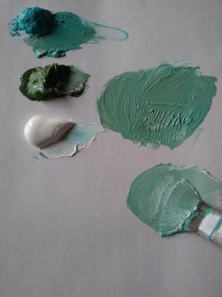 Create una tinta verde mescolando tra di loro il verde, il turchese e il bianco. Create una tinta verde mescolando tra di loro il verde, il turchese e il bianco.