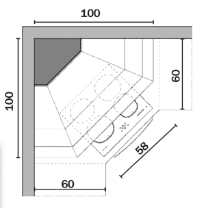 Base con piano cottura e cappa angolare Base con piano cottura e cappa angolare