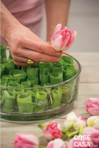inserire un tulipano rosa nel cilindro di foglia inserire un tulipano rosa nel cilindro di foglia