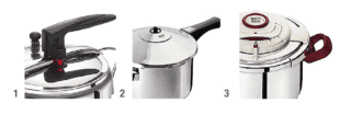 Tipologie di coperchi per pentola a pressione: 1 A passo d'uomo - 2 A baionetta - 3 A clip Tipologie di coperchi per pentola a pressione: 1 A passo d'uomo - 2 A baionetta - 3 A clip