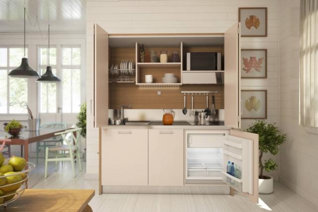 mini cucina monoblocco a scomparsa di Size Design, progettata e realizzata su misura con ante a libro mini cucina monoblocco a scomparsa di Size Design, progettata e realizzata su misura con ante a libro