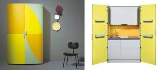 armadio aperto e chiuso con mini cucina a scomparsa, disegnata da Alessandro Mendini, AM01 di Sanwa Company con ante legno laccato colorato armadio aperto e chiuso con mini cucina a scomparsa, disegnata da Alessandro Mendini, AM01 di Sanwa Company con ante legno laccato colorato