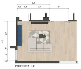 planimetria progetto soggiorno con divano centro stanza e mobile basso e espositore esagoni a parete
