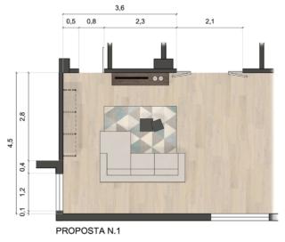 planimetria progetto soggiorno con libreria parete e divano centro stanza