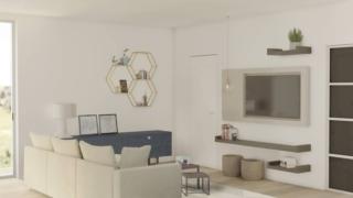 progetto 3D soggiorno con divano centro stanza e mobile basso e espositore esagoni a parete