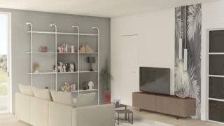 progetto 3D soggiorno con libreria parete e divano centro stanza