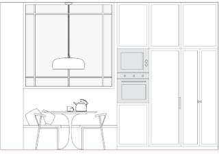 Disegno frontale cucina, vista zona pranzo, armadiature a colonna e vetrata Disegno frontale cucina, vista zona pranzo, armadiature a colonna e vetrata