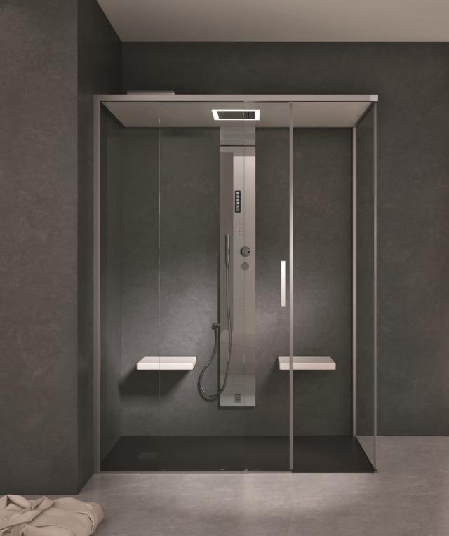 cabina doccia con tetto Gemini di Hafro® che può essere anche hammam per ambienti con dimensioni con soffione integrato e colonna G-Steam Top cabina doccia con tetto Gemini di Hafro® che può essere anche hammam per ambienti con dimensioni con soffione integrato e colonna G-Steam Top