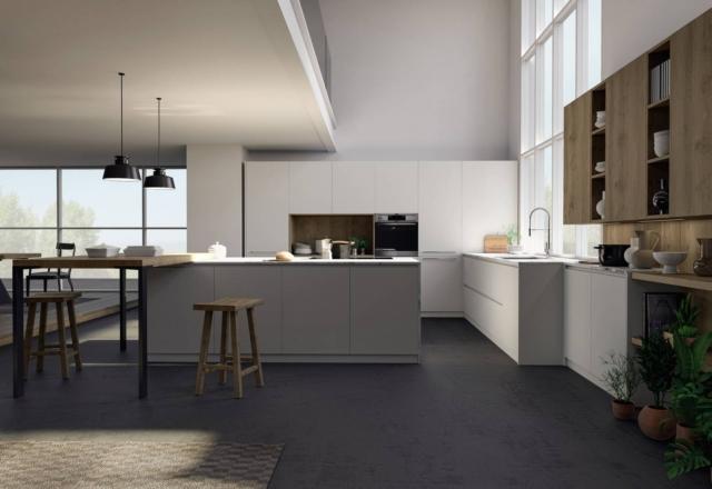 cucina moderna ante lisce New Time Gola Fratelli Mirandola laccato bianco rovere papiro isola bancone snack cucina moderna ante lisce New Time Gola Fratelli Mirandola laccato bianco rovere papiro isola bancone snack