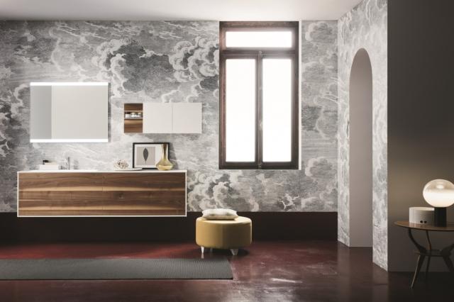 mobile lavabo sospeso Sky196 di Arbi Arredobagno con frontale in finitura pregiata noce antico scuro abbinato ai fianchi e fondo in laccato bianco opaco mobile lavabo sospeso Sky196 di Arbi Arredobagno con frontale in finitura pregiata noce antico scuro abbinato ai fianchi e fondo in laccato bianco opaco
