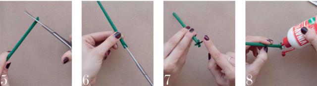 5-6) Rifinire con le forbici un’estremità dello stelo e praticare 4 taglietti di mezzo centimetro ciascuno
7-8) Piegare verso l’esterno i 4 lembi di stelo ottenuti e applicare colla vinilica sul lato esterno 5-6) Rifinire con le forbici un’estremità dello stelo e praticare 4 taglietti di mezzo centimetro ciascuno
7-8) Piegare verso l’esterno i 4 lembi di stelo ottenuti e applicare colla vinilica sul lato esterno