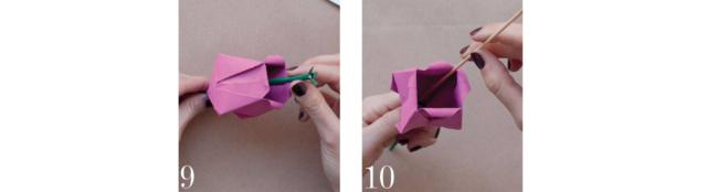 9-10) Inserire lo stelo nel foro del tulipano e farlo scorrere per far aderire i lembi alle pareti interne del tulipano. Aiutarsi con lo stecchino. 9-10) Inserire lo stelo nel foro del tulipano e farlo scorrere per far aderire i lembi alle pareti interne del tulipano. Aiutarsi con lo stecchino.