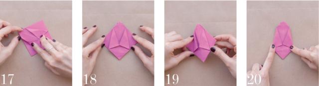 16-17-18) Piegare a valle due lati del quadrato, ottenendo due piegature diagonali che convergono verso il vertice, ma non si toccano. 19-20) Girare il modello e ripetere le piegature dall’altro lato. 16-17-18) Piegare a valle due lati del quadrato, ottenendo due piegature diagonali che convergono verso il vertice, ma non si toccano. 19-20) Girare il modello e ripetere le piegature dall’altro lato.