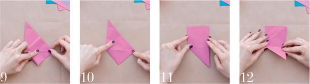 9-10) Si otterrà di un trapezio rettangolo.
11-12) Girare il modello e ripetere le piegature dall’altro lato. 9-10) Si otterrà di un trapezio rettangolo.
11-12) Girare il modello e ripetere le piegature dall’altro lato.