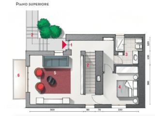 1 Ingresso 2 Scala 3 Bagno 4 Camera matrimoniale 5 Soggiorno 6 Balcone