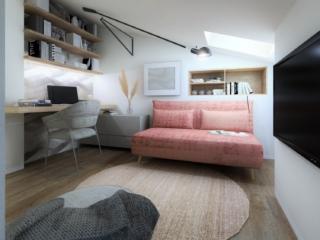 sottotetto mini 9 mq con con scrivania, divanetto, tv