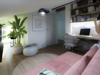 sottotetto mini 9 mq con con studio e divanetto e piante verdi