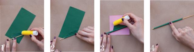 1-2-3-4) Dividere a metà un foglio (15×15 cm) di colore verde per ottenere 2 strisce di 7,5×15 cm, che saranno utilizzate per lo stelo e per la foglia. Stendere un velo di colla sui due lati corti del rettangolo di carta e arrotolarlo stretto intorno allo stecchino di legno. 1-2-3-4) Dividere a metà un foglio (15×15 cm) di colore verde per ottenere 2 strisce di 7,5×15 cm, che saranno utilizzate per lo stelo e per la foglia. Stendere un velo di colla sui due lati corti del rettangolo di carta e arrotolarlo stretto intorno allo stecchino di legno.