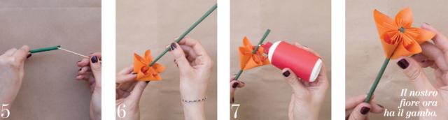5) Sfilare lo stecchino.
6-7) Inserire lo stelo al centro del fiore. Applicare la colla vinilica all’estremità dello stelo e far scorrere la corolla fino alla punta. 5) Sfilare lo stecchino.
6-7) Inserire lo stelo al centro del fiore. Applicare la colla vinilica all’estremità dello stelo e far scorrere la corolla fino alla punta.