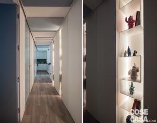 corridoio, nicchia illuminata con ripiani, pannelli scorrevoli, controsoffitto, cucina in fondo corridoio, nicchia illuminata con ripiani, pannelli scorrevoli, controsoffitto, cucina in fondo