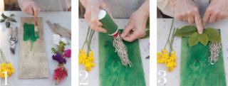 1. Dipingere con la tempera verde il foglio di compensato 2. Applicare la colla vinilica sulle fibre 3. posizionare la colla sulla lamina inferiore delle foglie di viburno 1. Dipingere con la tempera verde il foglio di compensato 2. Applicare la colla vinilica sulle fibre 3. posizionare la colla sulla lamina inferiore delle foglie di viburno