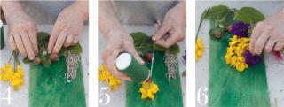 4.rametto pere acerbe 5. Stendere la colla sugli steli e sui petali di ginestra 6. Stesso procedimento con i fiori della verbena viola 4.rametto pere acerbe 5. Stendere la colla sugli steli e sui petali di ginestra 6. Stesso procedimento con i fiori della verbena viola