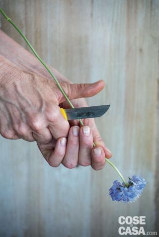 1. Pulire tutti i fiori, eliminando le foglie. Prendendo come riferimento l’altezza del cono, accorciare tutti gli steli a misura, con un taglio netto di 45 gradi. Per i garofani fare attenzione a non tagliare a metà dell’internodo, ma effettuare il taglio immediatamente prima.