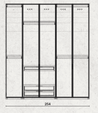 Primo progetto: l'attrezzatura interna prevede un ripiano e una barra appendiabiti nei moduli laterali (da spostare all'altezza desiderata); un ripiano, una barra appendiabiti e una cassettiera in quello centrale.