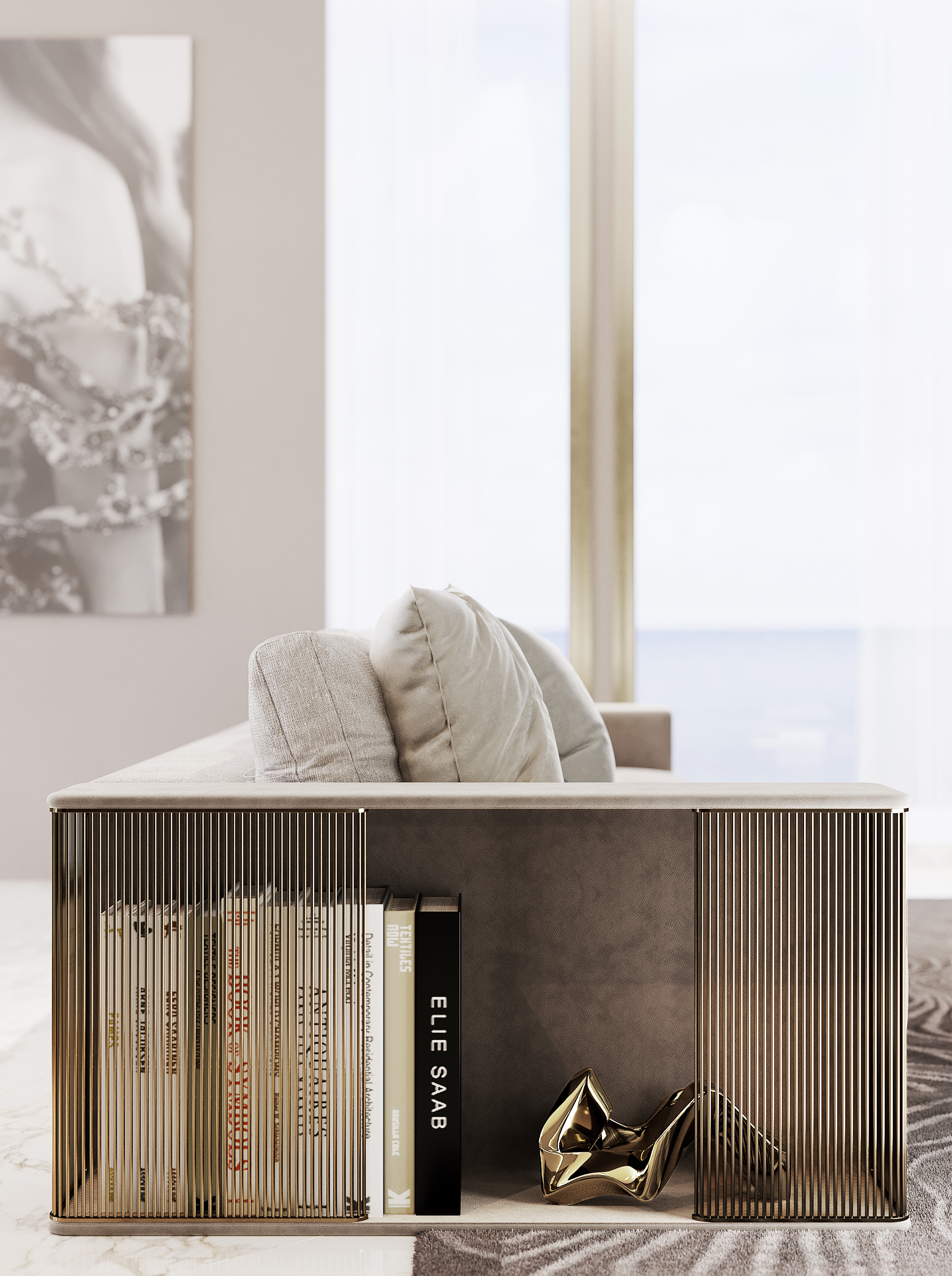 Il divano Legacy di Elie Saab Maison inaugura con una serie di altri pezzi la prima esperienza dello stilista franco-libanese nel settore dell’arredamento. L’identità della collezione si riassume nel concetto Spectacular Elegance: forme eleganti, mix di tradizione e di contemporaneità, declinate nei colori dominanti degli abiti di haute couture del brand, ovvero tinte crema e grigi delicati accostati a metalli lucidi, marmi e pietre nobili. Il divano Legacy è una costruzione contemporanea ed elegante, modulare, che permette di combinare sedute a due o tre posti, elemento angolare e terminali. Questi ultimi sono braccioli che avvolgono il divano, contraddistinti da un volume cavo utile come piccola libreria di ottone con finitura satinata (come in foto), di bronzo o di nickel nero. www.cbmaison.com/eliesaabmaison